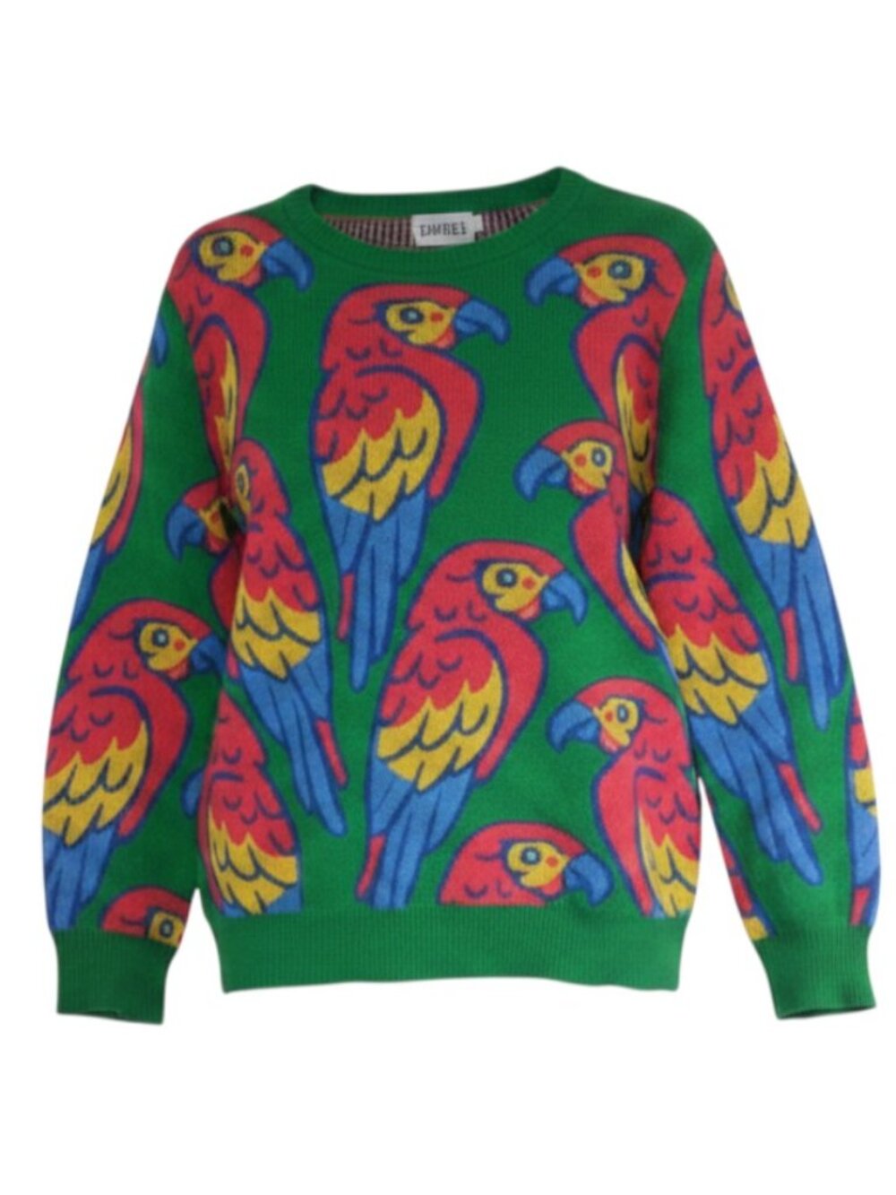 OXKNIT Parrot Bird Sweater Women's L Green 100% Cotton Crew Neck Tropical Knit